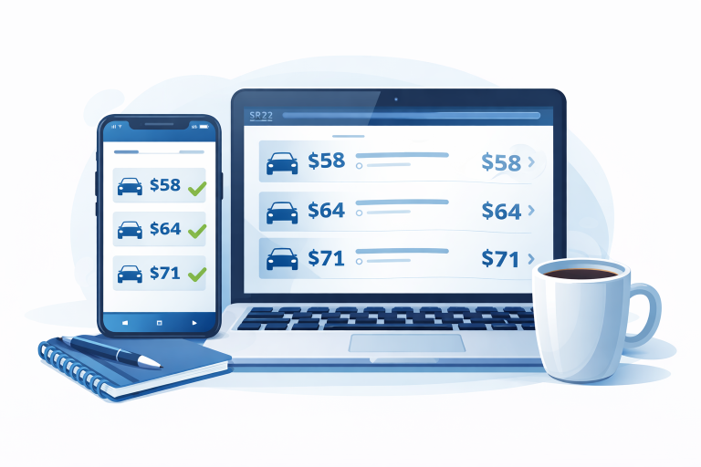 Mobile phone and computer screen showing insurance quote comparisons, representing finding cheap SR-22 insurance nearby.